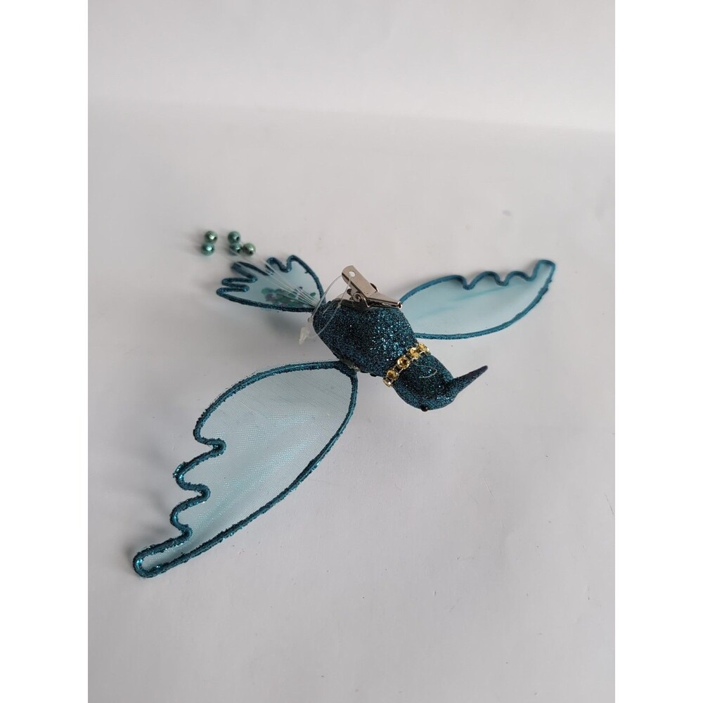 Clip-On Teal Blue Hummingbird Glitter Ornament Tulle Wings - Picture 3 of 4